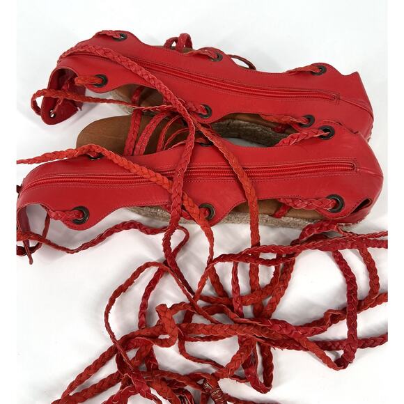 FREE PEOPLE Red Braided Leather Bondi Tall Gladiator Espadrilles Sandals - Picture 13 of 16